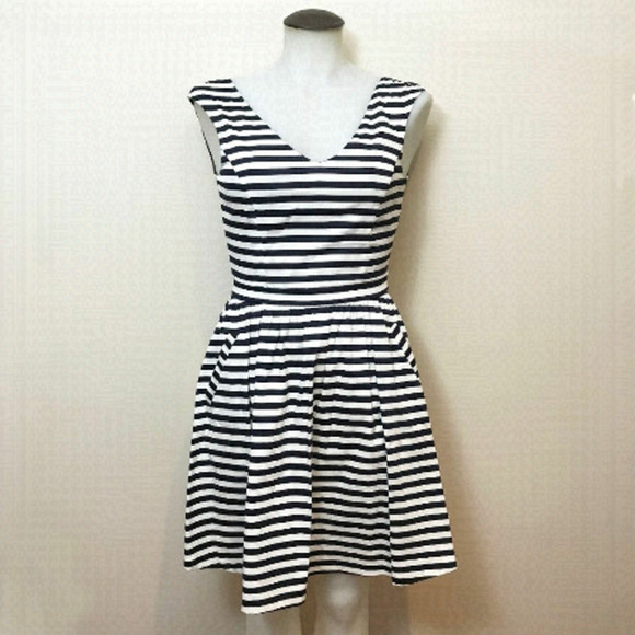 𝅺WOVEN Navy And White Stripe Zara Skater Dress - Picture 1 of 7